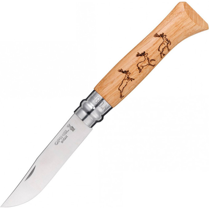 Нож OPINEL №8 ANIMALIA, нержавеющая сталь, рукоять дуб, гравировка олени 001620